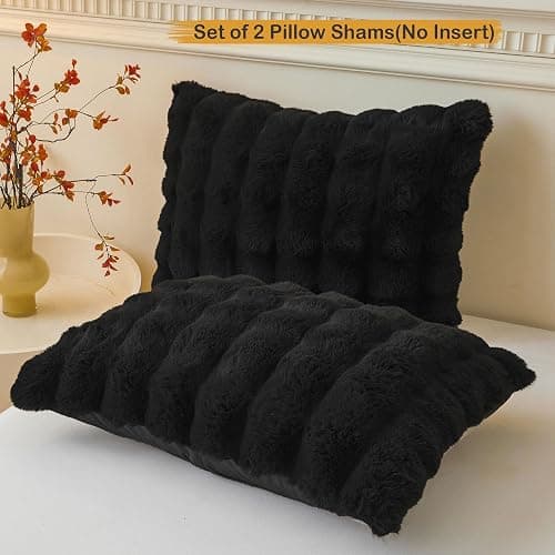 LIFEREVO 2 Pack Fluffy Faux Rabbit Fur Pillow Cases, Luxury Soft Plush Shaggy Bubble Pillowcases Standard Size with Zipper Closure, Furry Fuzzy Long Pillow Shams for Bedroom Living Room 20x26, Black thumbnail 2