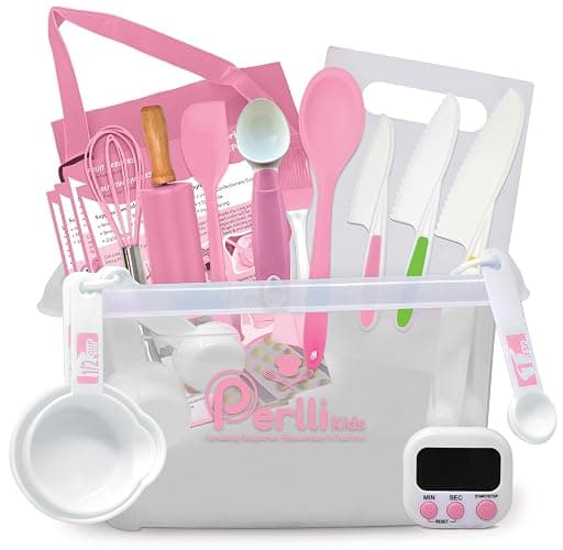 PERLLI Kids Real Cooking and Baking Supplies Gift Set with Case (Pink) | 31 Piece Montessori Junior Chef Kitchen Set with Toddler Utensils, Kids Knife Set for Fine Motor Skills for Children Ages 6+ - Image 1