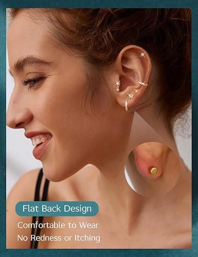 LOLIAS 14K Gold Plated Flat Back Earrings - Hypoallergenic Surgical Stainless Steel Stud Hoop Earrings for Women Girls Cute Stud Earring Set Small Huggie Hoops Cartilage Earring Stacks thumbnail 2
