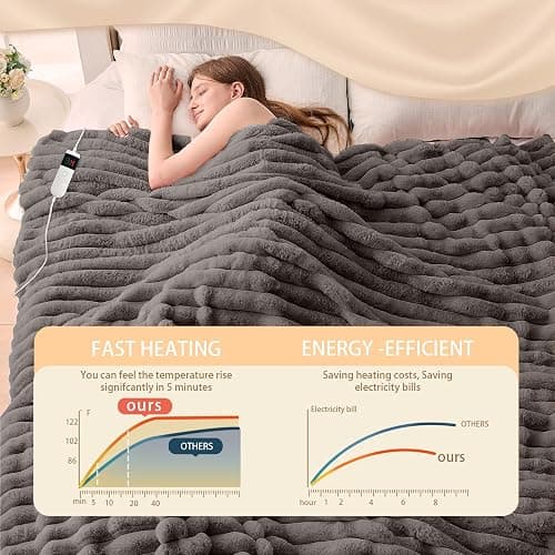 Qieryun Heated Blanket Electric Throw 50″x60 ″Inch - Thick Striped Flannel Electric Blanket,10 Heating Levels, 1-12 Hours Auto Off, Fast Heating Heating Blanket with Overheat Protection. thumbnail 2