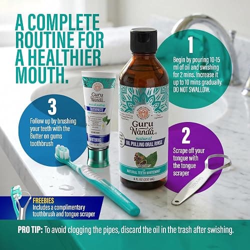 GuruNanda CocoMint Oil Pulling Mouthwash for Complete Oral Hygiene, 7 Essential Oils & Vitamins for Happy Teeth & Gums & Fresh Breath, with Toothbrush & Tongue Scraper, Alcohol-Free, 8 oz thumbnail 8