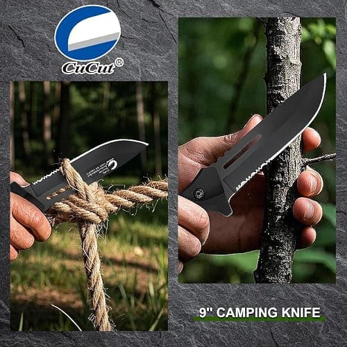 CuCut Full Tang Fixed Blade Knife with Sheath - 4-inch Carbon Steel Blade, Black Non-Stick Finish with Serrated Edge, PP Handle Camping Knife for Outdoor, Survival, Hiking thumbnail 7