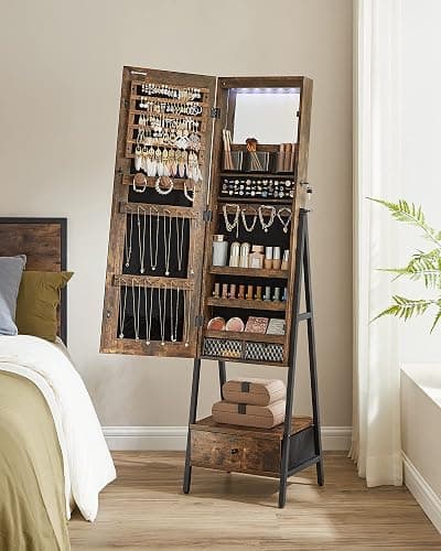 SONGMICS LED Cabinet Standing, Lockable Jewelry Armoire with Full-Length Mirror, Space-Saving Jewelry Organizer with Mirror, Bottom Drawer, Gift Idea, Christmas Gifts, Rustic Brown UJJC025X01 thumbnail 9