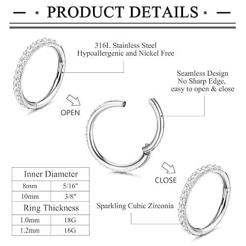 Jstyle 5Pcs 18G 16G Surgical Steel Nose Rings Hoop for Women Opal CZ Clicker Hinged Septum Nose Ring Lip Helix Cartilage Hoop Earring Daith Rook Conch Piercing Jewelry for Women 8mm 10mm thumbnail 2