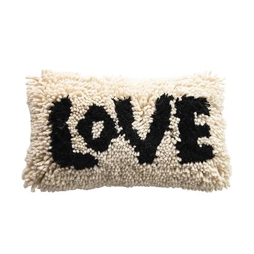 Creative Co-Op Woven Wool Shag Lumbar Pillow with Love Design, Black and Cream - Image 1