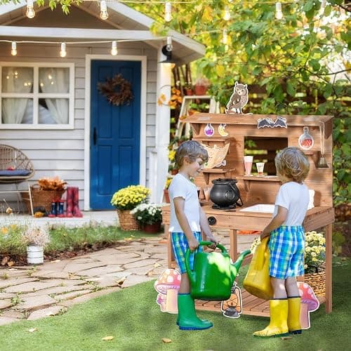 BRINJOY Mud Kitchen Playset for Kids, Wooden Magic Kitchen Set w/Wand, Recipe, Removable Sink, Faucet, Stove, Toddler Outdoor Pretend Play Kitchen, Witch Role Play, Fairy Potion, Gift for Boys Girls thumbnail 8