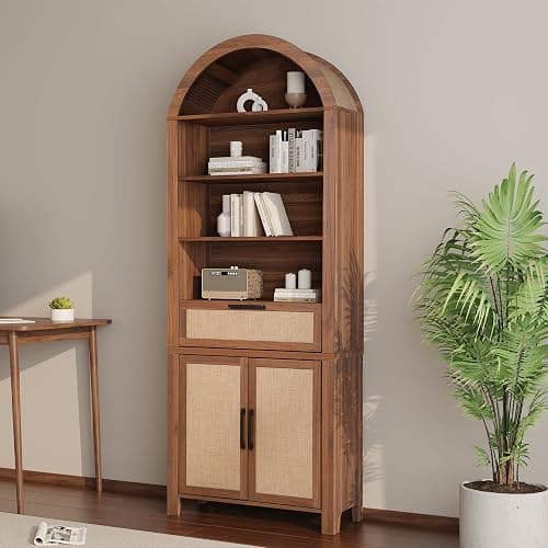 Janmer Home 79" Tall Arched Bookcase with Storage, Mid Century Modern 6-Tier Cabinet with Door and Drawer, Arched Bookshelf with Open Display Shelf for Office Living Room(Walnut, 79inch-Doors) - Image 1
