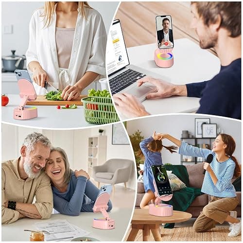 AKLLCCR Wireless Induction Audio Bluetooth Speaker 5in1 Phone Holder Emergency Rechargeable (3000mAh) with Colorful Ambient Light 300° Foldable for Tablet iPhone Android, Womens Birthday Gifts(Pink) thumbnail 6