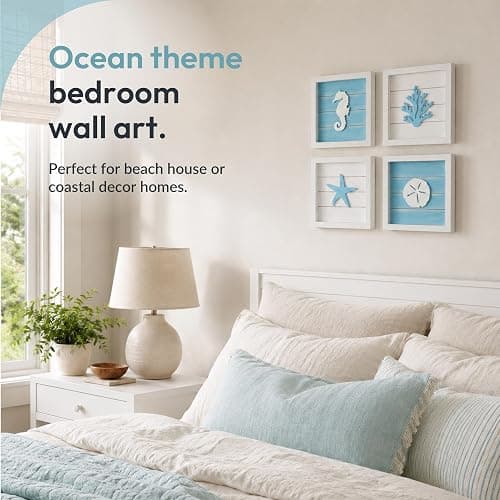 Tide and Tales Coastal Wall Art (Framed Set of 4) Beach Bathroom Wall Decor with Starfish, Seahorse, Sand Dollar and Coral - Ocean Theme Turquoise Room Decor - Seashell Beach Decorations for Home 7" x 7" thumbnail 9