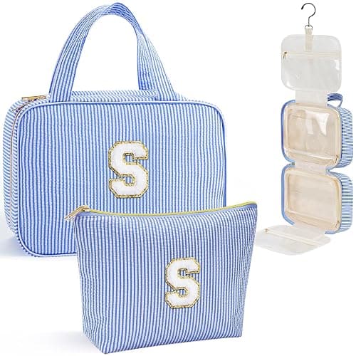 YOOLIFE Hanging Toiletry Bag - Large Capacity Personalized Travel Toiletry Bag for Women, Cruise Ship Essentials - Letter S, Blue - Image 1