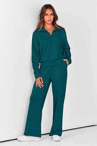 PRETTYGARDEN Women's 2 Piece Outfits Casual Lapel Half Zip Sweatshirts and Wide Leg Pants Tracksuit Sets thumbnail 3