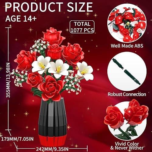 Roses Flower Bouquet Building Blocks Set with Vase, Women Men Teen Girls Gifts for Christmas, 1077PCS Botanical Collection Artificial Flowers Birthday Gifts for Her Him Wife Husband Mom Grandma Adults thumbnail 3