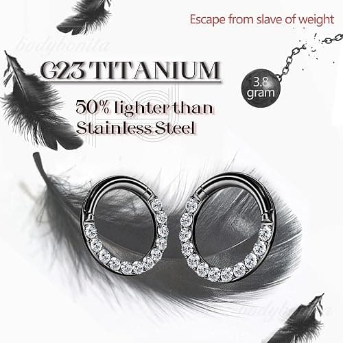 BodyBonita G23 Titanium 0G 2G 4G 6G 8G 10G 12G 14G CZ Septum Rings PA Nose Hoops Clicker Ear Weights for Stretched Ear Piercing Jewelry 10mm 12mm Silver/Gold/Black thumbnail 2