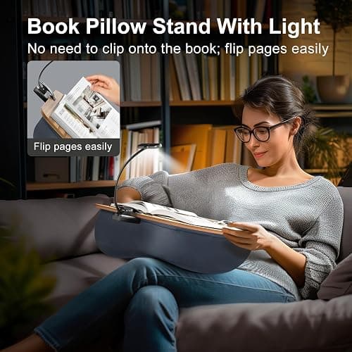 ERGONOV Book Pillow Stand with 6500K Reading Light, Hands Free Book Holder, Comfortable Lap Book Stand for Reading in Bed, Desk, or Sofa, Wooden Book Rest for Book Lovers,AAA Battery Required thumbnail 3