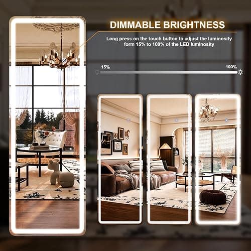 Easly 26x68 inch Full Length Mirror with Lights, LED Lighted Floor Standing, Hanging Mirror Full Length with Stand Free, Full Body Dressing Mirrors with Dimmable 3 Color LED thumbnail 6