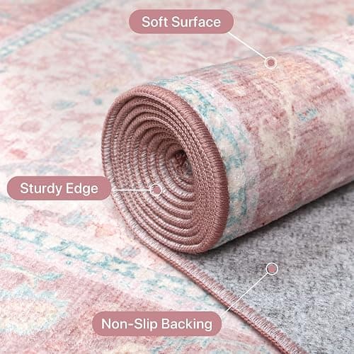 Pink Area Rug 6x9 Washable Rugs for Bedroom Girls Floral with Non Slip Backing, Low Pile Carpet for Living Room, Nursery Room, Dinning Room, Light Pink Blue thumbnail 7