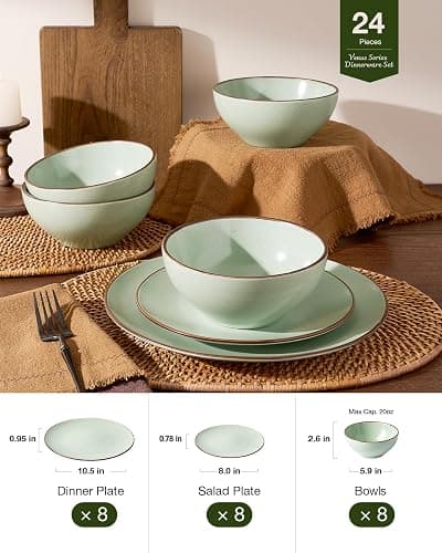 Famiware Venus Plates and Bowls Sets, 24 Pieces Stoneware Speckled Dinnerware Dishes Set for 8, Light Green - Microwave & Dishwasher Safe, Modern Minimalist, for Everyday Meals & Formal Dining thumbnail 7