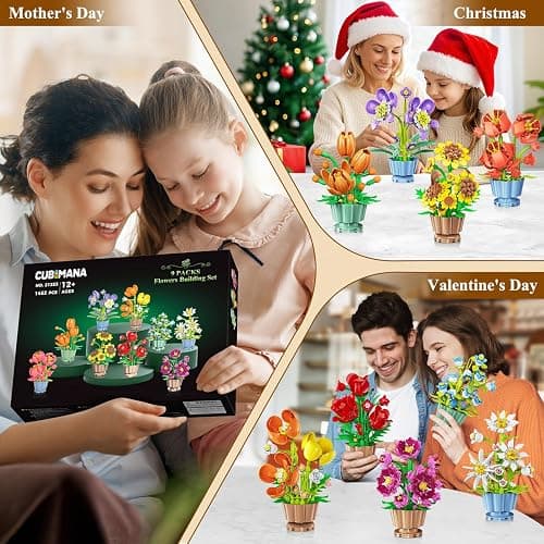 CUBIMANA 9 Blumen 3,6MM Mini Bausatz – 1462 Stück Botanische Blume Bonsai mit Rosen Orchidee Bausteinspielzeug, Deko Kunstblumen für Zuhause Büro, Geburtstagsgeschenk für Frauen Erwachsene Teen thumbnail 7