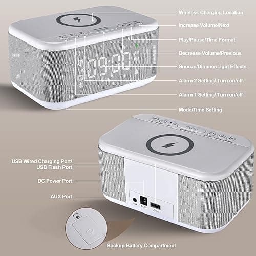Fansbe Tech Alarm Clock Speaker Wireless Charger, Digital Alarm Clocks Bedrooms Bluetooth, Alarm Clock Dimmable Light Bedrooms Dual Alarm Snooze Dimmer 12 24H RGB Night Light Bluetooth USB AUX, Gray - Gray thumbnail 8