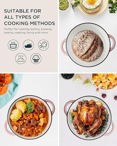 Enameled Cast Iron Dutch Oven - 6QT Dutch Oven Pot with Lid & Cotton Potholders - Heavy-Duty Non Stick Casserole Pot for Braising, Stews, Roasting, Baking, Suitable for All Stovetops, Gentle Pink thumbnail 5