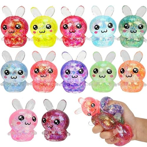 BEIGUO 12pcs Easter Glitter Bunny Stress Balls,Squishy Toys for Kids Boys Girls Easter Basket Stuffers, Easter Egg Fillers - Image 1
