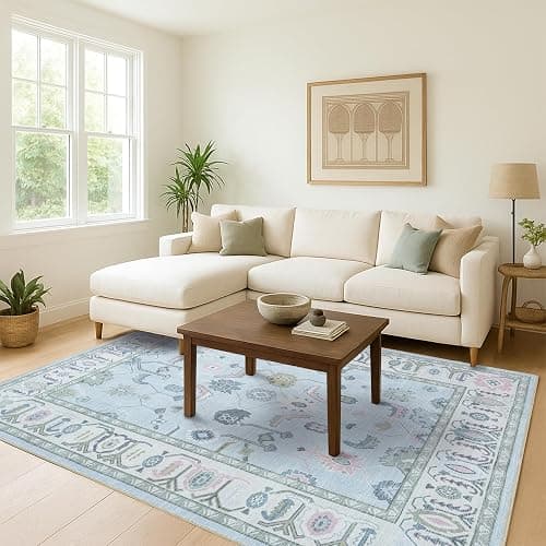 Fame Living Cream Blue Oushak Rug, Modern, Vintage, Turkish, Eclectic, Floral, Pastel, Washable, Area Rugs for Living Room, Dining, Bedroom, Office, Entryway, Foyer, Playroom, Nursery, 5'x6'9" thumbnail 2