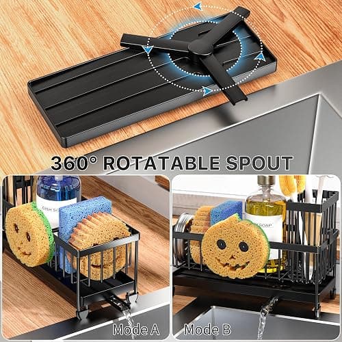 Cisily Sponge Holder for Kitchen Sink, Sink Caddy Organizer with High Brush Holder, Kitchen Countertop Organizers and Storage Essentials, Rustproof 304 Stainless Steel (Black with Smiley Face, 9.25″) thumbnail 3
