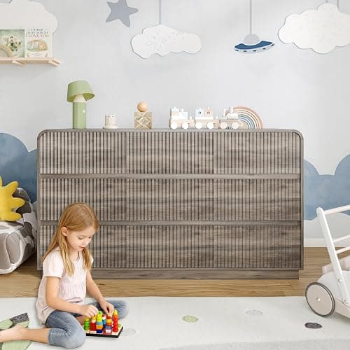 BORNOON Dresser for Bedroom with 9 Drawers, Fluted Chest of Drawers with Round Curved Corner, Hidden Handles, Modern Wood Storage Organizer for Bedroom, Nursery, Living Room thumbnail 7