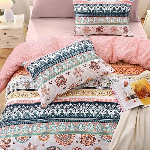 MUXHOMO Bed in a Bag Queen 7 Pieces, Queen Comforter Set Reversible Bohemian Botanical Flowers Design, Ultra Soft & Breathable Bedding Sets with Comforter, Sheets, Pillowcases & Shams thumbnail 4
