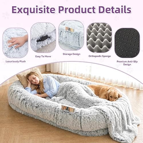 LOVEPals Grey Human Dog Bed - 71''x45''x12'' Size Fits Adult and Pet | Washable Giant People DogBed 3.93'' Thick Memory Foam Large Oversize Dog Bed with Plump Pillow, Blanket, Strap thumbnail 3
