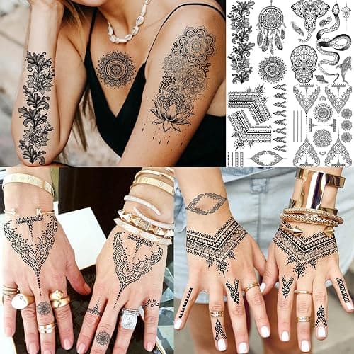 Bilizar 32 Sheets 89+ PCS Black Lotus Temporary Tattoos For Women Hands Adults Underboob, Tribal Indian Elephant Skull Snake Fake Tattoos, Bulk Bohemia Butterfly Tattoo Kit Sets Mandala Flower Moon thumbnail 2