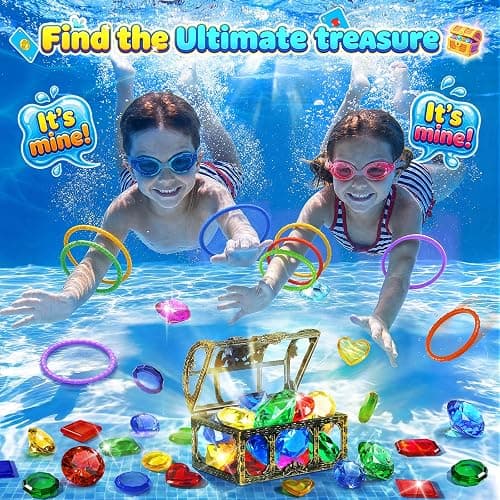DISHIO Pool Diving Toys for Kids, Underwater Treasure Hunt Game with Pirate Chest, Diving Rings, 56PCS Gems, 40PCS Game Bingo Cards and Mesh Bag Swimming Pool Games Summer Toys for Boys Girls 4-12 thumbnail 4