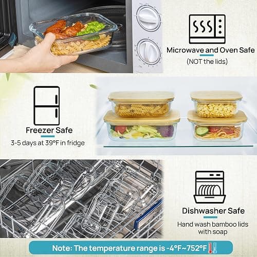 Vtopmart Glass Food Storage Containers with Bamboo Lids, 4 Pack Meal Prep Glass Containers Safe for Microwave, Oven, Freezer and Dishwasher, BPA Free thumbnail 6