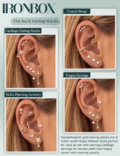 IRONBOX Hypoallergenic Flat Back Earrings for Women Cartilage Earring Stack | Stainless Surgical Steel Earrings for Sensitive Ears,Flatback Stud Hoop Earring Set,Helix Tragus Conch Daith Piercing Jewelry thumbnail 5