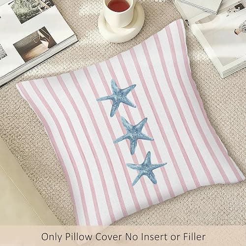 LLOKARNORA Preppy Starfish Seashell Throw Pillow Covers Set of 2, Pink and Blue Striped Pillow Case Cover for Girls Room, Coastal Square Pillowcase, Beachy Coquette Cushion Cover Case for Couch,18x18 thumbnail 5