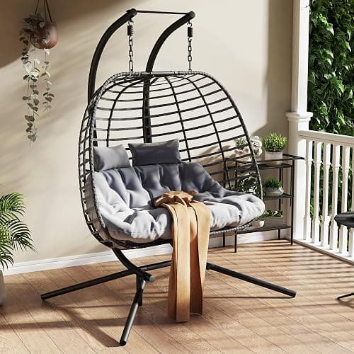 Double Hanging Egg Chair wth Stand, Patio Hammock Swing Chair with Cushion Loveseat for Bedroom, Balcony, Garden, Indoor, Outdoor thumbnail 7