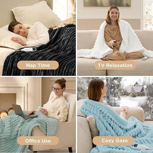Bedsure Heated Blanket Full Size - Thick Striped Fast Heating Electric Blanket with Preheat Function, 6 Heat & 6 Timer (Up to 10H), 8H Auto Off, ETL Certified, Gift for Grandma (72"x84", Black) thumbnail 6