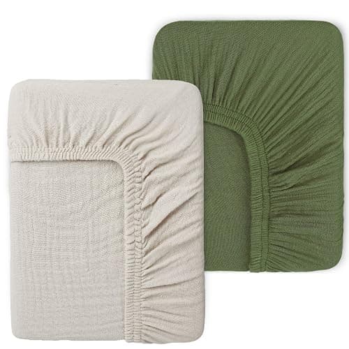 PET REJOIR Muslin Fitted Crib Sheets for Girls & Boys-2 Pack 28"x 52" Soft Baby Mattress Sheet-No Slip Boho Neutral Breathable Toddler Cotton Bedding Olive Green & Beige | Muslin, 2 Pack, 28"x 52", Soft, Boho Neutral, Breathable, Toddler Cotton Bedding, Olive Green & Beige thumbnail 6