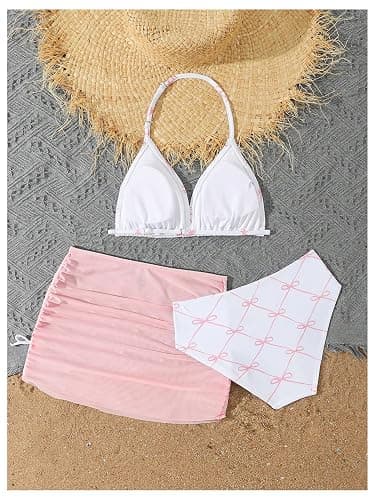 RoseSeek Girl's 3 Piece Cute Bowknot Bathing Suit Halter Triangle High Waisted Swimsuit with Beach Cover Up Skirt thumbnail 2