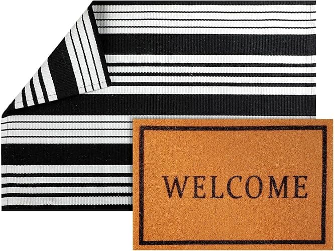 Maasechs 2 Pcs Welcome Doormat 24'' x 35'' Black White Stripes Outdoor Rug and 24'' x 16'' Coir Doormat Non Slip Layered Floor Mat for Outside Entrance Front Porch(Welcome) - Image 1