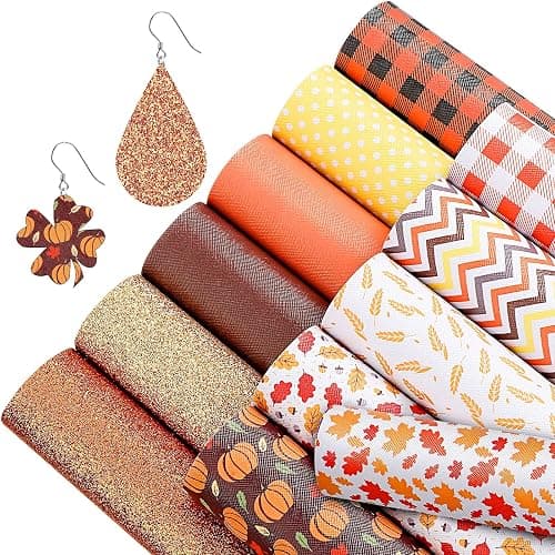 Frienda 12 Pcs Thanksgiving Fall Faux Leather Sheets Fall Leaves Pumpkin Feathers Glitter Leather Sheets Autumn Leather Earring Making Kit for Halloween Christmas Holiday DIY Craft, 7.9 x 11.8 Inch - Image 1