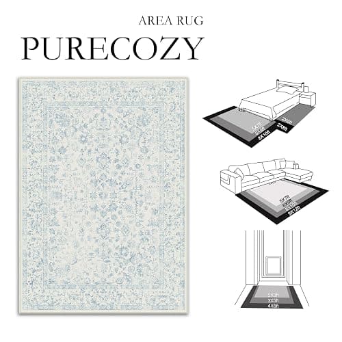 PureCozy 5x7 Blue Area Rug Non Slip Vintage Living Room Distressed Machine Washable Carpet Traditional Indoor Bedroom Blue Retro Floral Accent Throw Rug for Office Kitchen Dorm Dining Room thumbnail 2
