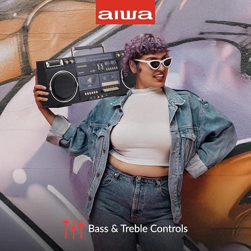 aiwa Retro Boombox BackTrack CD Player with Cassette Recording, Bluetooth 5.0, FM/AM Radio, USB/SD/AUX Inputs, VU Meters, LCD Display, Dual 40W Speakers (Black and Gold) thumbnail 5