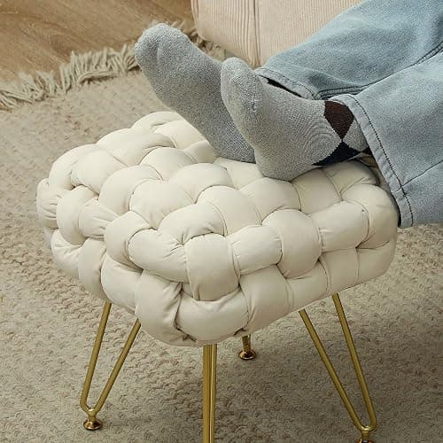 HOMCOM Square Foot Stool, Woven Footrest Ottoman with Metal Legs, Padded Makeup Vanity Stool, Velvet Dressing Table Seat for Bedroom, Cream White thumbnail 8