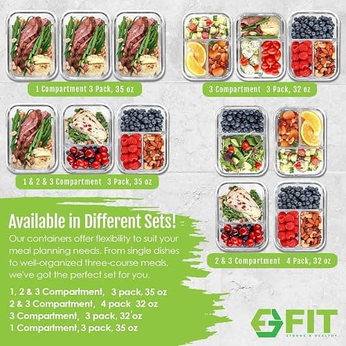 FIT Strong & Healthy Glass Meal Prep Containers, 2 & 3 Compartments – 32 oz Glass Containers with Lids, Food Storage with Black Lids, Oven & Freezer Safe, Leak-Proof Bento Box Adult, 4 Pack thumbnail 7