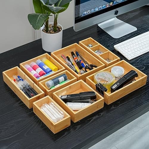 Fabsome Drawer Organizer, Set of 9 Bamboo Wood Kitchen Makeup Desk Junk Tea Drawer Storage Boxes Bins for Cutlery Silverware Utensils Flatware, Small Wooden Container Tray for Bathroom, Office thumbnail 5