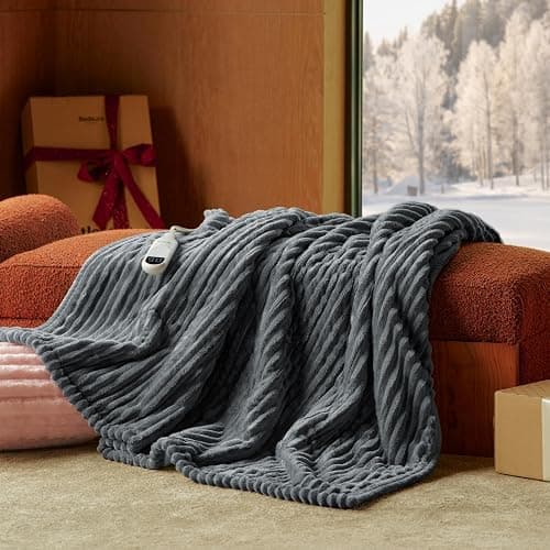Bedsure GentleSoft Heated Blanket Electric Throw - Soft Ribbed Flannel Electric Blanket, Heating with 4 Time Settings, 6 Heat Levels, 3 hrs Timer Auto Shut Off, Gifts for Grandma (50x60 inches, Grey) thumbnail 2