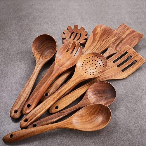 Wooden Kitchen Utensils Set,GUDAMAYE 9 PCE Natural Teak Wooden Spoons For Non-stick Pan for Cooking, thumbnail 6