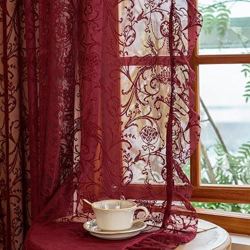 TUDECO Burgundy Sheer Curtains 84 Inches Long for Living Room - Luxury Modern Maroon Lace Curtains for Bedroom, Aesthetic Tulle Rod Pocket Light Filtering Farmhouse Red Drapes, 59 x 84 Inch, Dark Wine thumbnail 4
