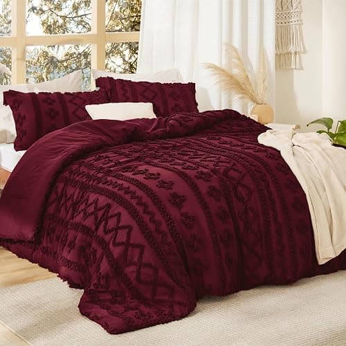Bedsure Tufted Boho Comforter Set Queen Size - Burgundy Boho Bed Set, GentleSoft™ 3 Pieces Farmhouse Shabby Chic Embroidery Bedding, Gifts for Woman, Soft Jacquard Queen Comforter for All Seasons thumbnail 2